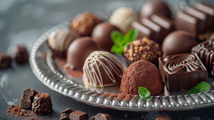Assorted chocolates on a decorative plate. - obrazy, fototapety, plakaty