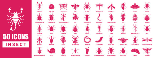 50 insect icon collection in silhouette design style