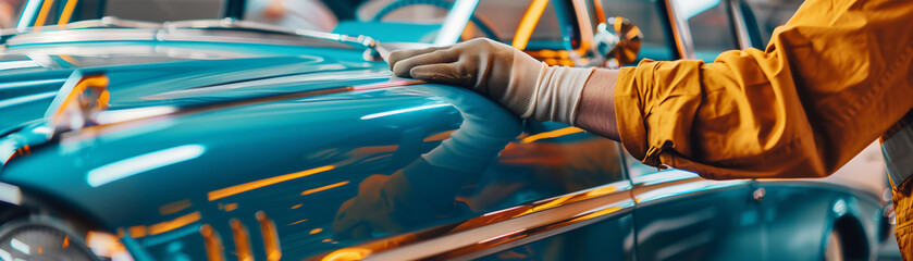 Close-up of a professional detailer's hands polishing a classic turquoise car with care and precision - Powered by Adobe