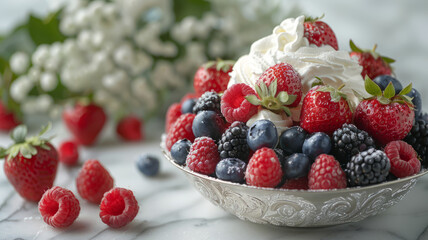 Mixed berries with whipped cream on a bowl.