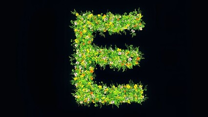 Beautiful illustration of English alphabet E with colorful flowers and green grass on plain black background © Devendar