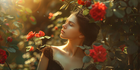 Obraz na płótnie Canvas A sophisticated woman captured in a portrait within a garden blooming with red roses, while sunlight softly filters through the trees.
