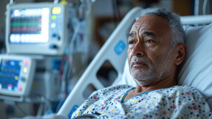 Reflective senior African American man lying in a hospital bed with medical equipment in the background.