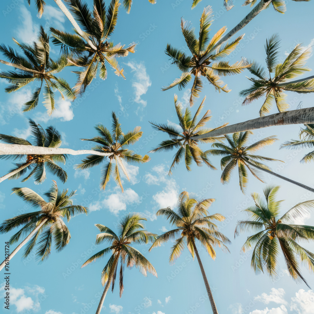 Wall mural Raws of tall palm trees on blue sky, view strictly from bottom to up.