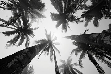Raws of tall palm trees on blue sky, view strictly from bottom to up. - obrazy, fototapety, plakaty