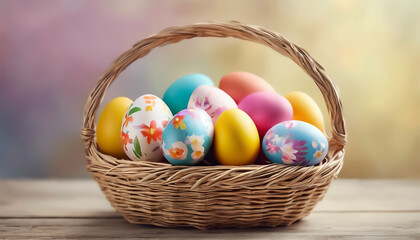 Fototapeta na wymiar Easter eggs in a basket. Colored eggs Holiday Easter mystery background. Selective focus. AI generated