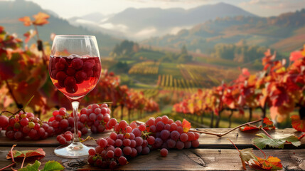 A glass of red wine placed on a wooden table beside a bunch of grapes, with a picturesque grape valley and mountains in the background.