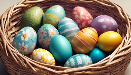 Fototapeta na wymiar Easter eggs in a basket. Painted eggs close up. Holiday Easter background. Selective focus. AI generated