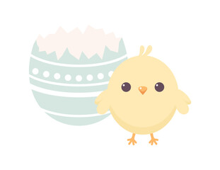 Cute chick standing near a broken Easter egg, isolated on white background. Flat vector illustration