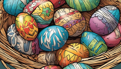 Easter eggs in a basket. Painted eggs. Festive Easter hand drawn background. Selective focus. AI generated