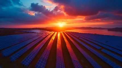 Foto op Plexiglas anti-reflex Sunrise Glow on Solar Panels: Aerial Shot of Renewable Energy Farm, generative ai © Matus