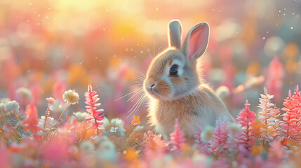 Fototapeta na wymiar A curious young rabbit peeks through a colorful array of spring flowers during a soft, golden-hour light.