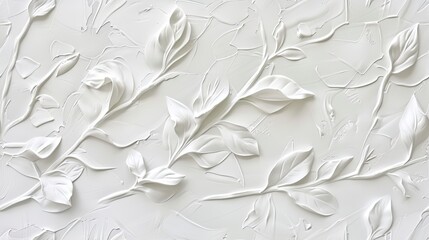 a white, simple modern design with subtle, minimalist botanical relief in a textured art piece made of plaster, forming a seamless pattern. SEAMLESS PATTERN