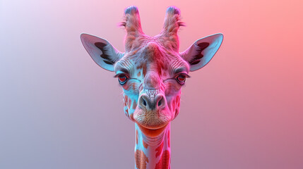 A digitally enhanced portrait of a giraffe with a striking colorful pattern, set against a smooth...