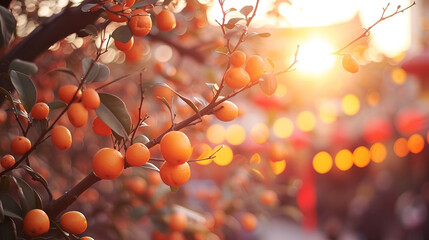 AI algorithms analyze the significance of Tet Kumquat Trees in Lunar New Year traditions, providing insights into cultural symbolism. - obrazy, fototapety, plakaty