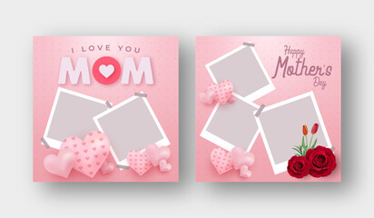 Happy Mothers Day with photo card and flower illustration, sale banner social media post web banner template