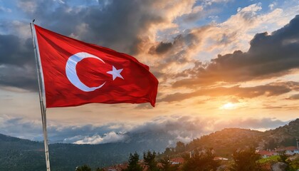  Turkey flag waving in the wind over dramatic cloudy sky during sunrise. 