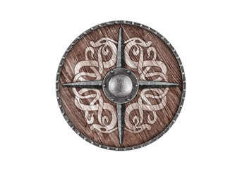 Old viking wooden round shield isolated on white background