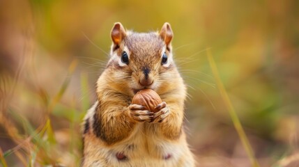 A cute little chipmunk holds a walnut in its paws, in the wild.