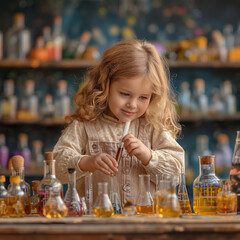 young little girl doing fun experiments in chemistry lab