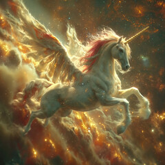 Obraz na płótnie Canvas beautiful white unicorn flying in the sky