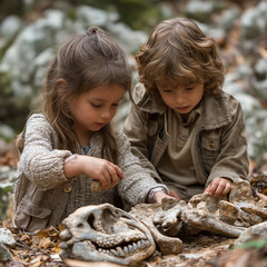 two little kids discovering buried dinosaur bones - 761624936