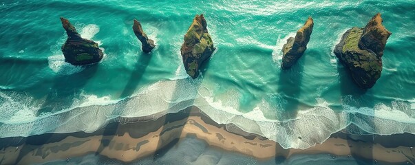 Aerial view of Reynisdrangar sea stacks