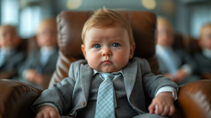 adorable businessman baby sitting in an armchair - 761624955