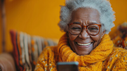 closeup of elderly woman looking at smartphone and laughing - 761624967