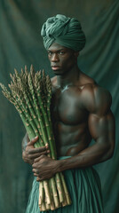 closeup of black healthy man holding bunch of asparagus