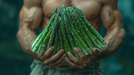 closeup of strong man holding bunch of asparagus