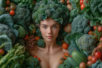 broccoli woman surrounded by many fruits and vegetables