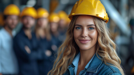 businesswoman wearing safety helmet with colleagues behind - 761625142