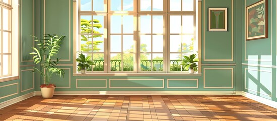 An empty room with a spacious window overlooking a potted plant. The room features wooden flooring and a serene view of the grassy outdoors