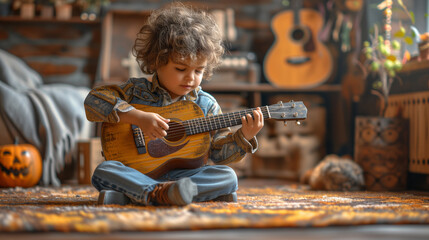 focused little boy playing a small guitar