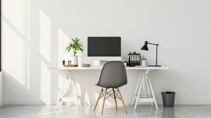 A minimalistic computer desk with a chair in a white room    AI generated illustration