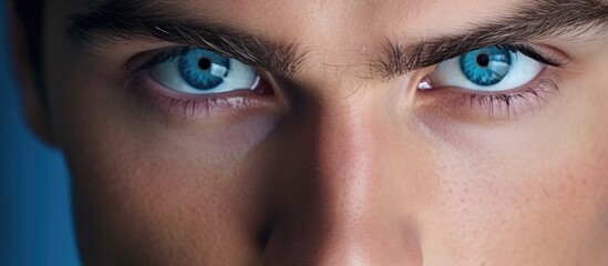 Fototapeta premium A close up of a mans electric blue eyes against a matching blue background, showcasing his long eyelashes and deep brown hair