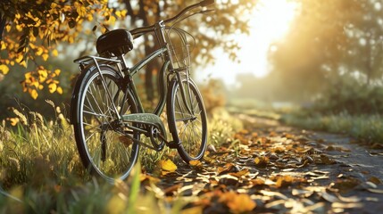 A model of a shiny new bicycle in a d nature background setting     AI generated illustration - obrazy, fototapety, plakaty