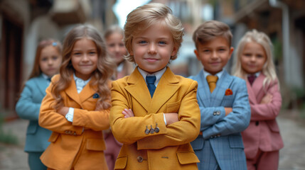 group of seven business kids with boy leader in front - 761625702