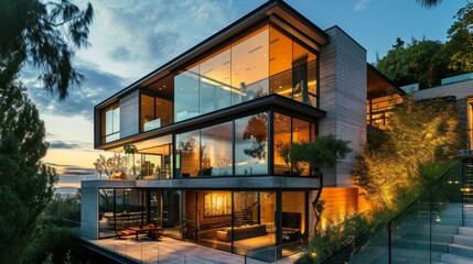 A modern house with a glass facade and stunning architectural design     AI generated illustration