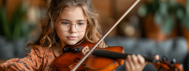 cute girl with round glasses learning to play the violin - 761625708