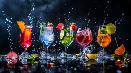 Exuberant display of assorted fruit cocktails creating a lively splash, captured in a moment of vibrant celebration with floating ice and fruit pieces - obrazy, fototapety, plakaty