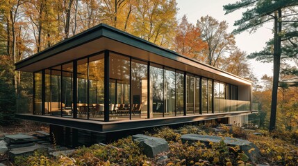 A modern glass-walled house surrounded by a serene forest setting     AI generated illustration