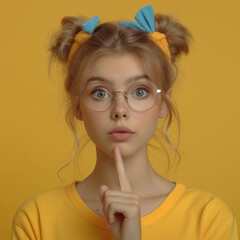 adorable girl wearing yellow sweater and glasses holding finger