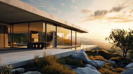 A modern minimalist home with sleek lines and expansive windows overlooking a serene landscape     AI generated illustration