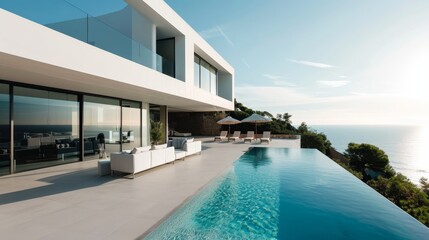 Fototapeta premium A modern villa with a minimalist design and infinity pool AI generated illustration