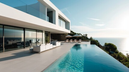 A modern villa with a minimalist design and infinity pool     AI generated illustration