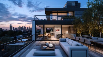 A modern townhouse with a rooftop terrace and city skyline views     AI generated illustration