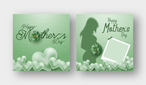 Happy Mothers Day illustration with photo card and green floral social media post web banner template, sale banner design