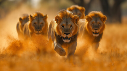 pack of ferocious lions running forward - 761625946